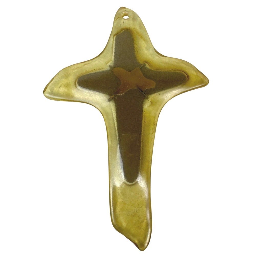 Artisan Slumped Glass and Patinated Metal Wall Cross Rustic Amber Glass